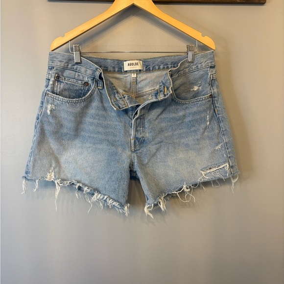 Ag Adriano Goldschmied Blue Jean Highrise Shorts Distressed Style size 32 - Picture 2 of 10